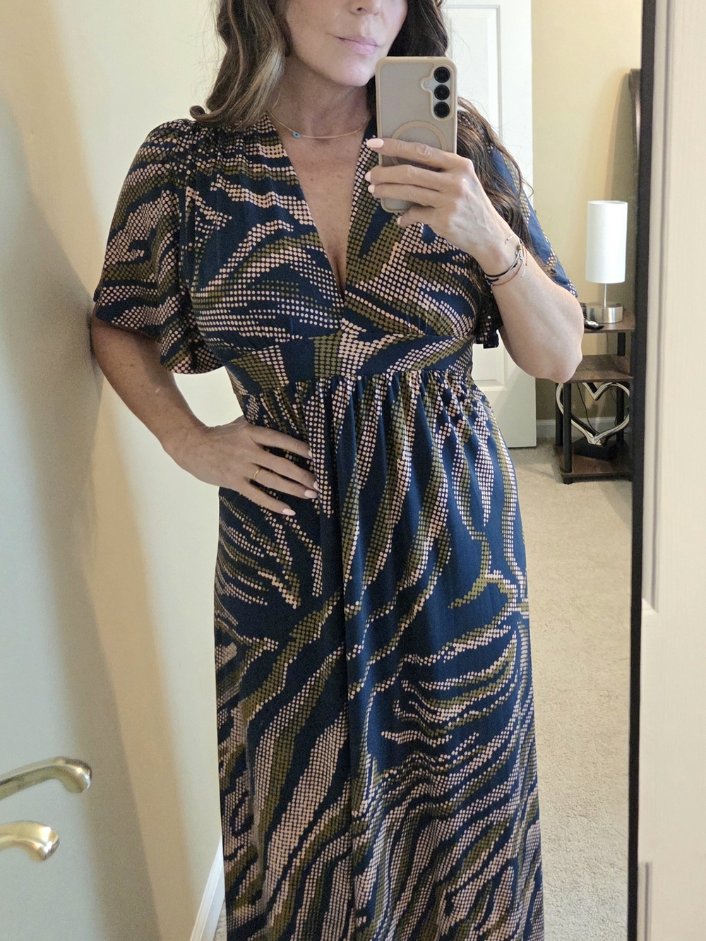 Veronica M Navy Printed Wrap Maxi Dress with Olive & Blush Accents